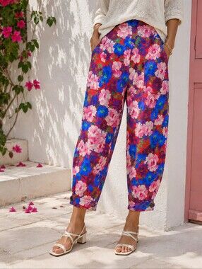Zara Floral Cotton Balloon Leg Utility Pants Crop Joggers Pink Blue Cotton M